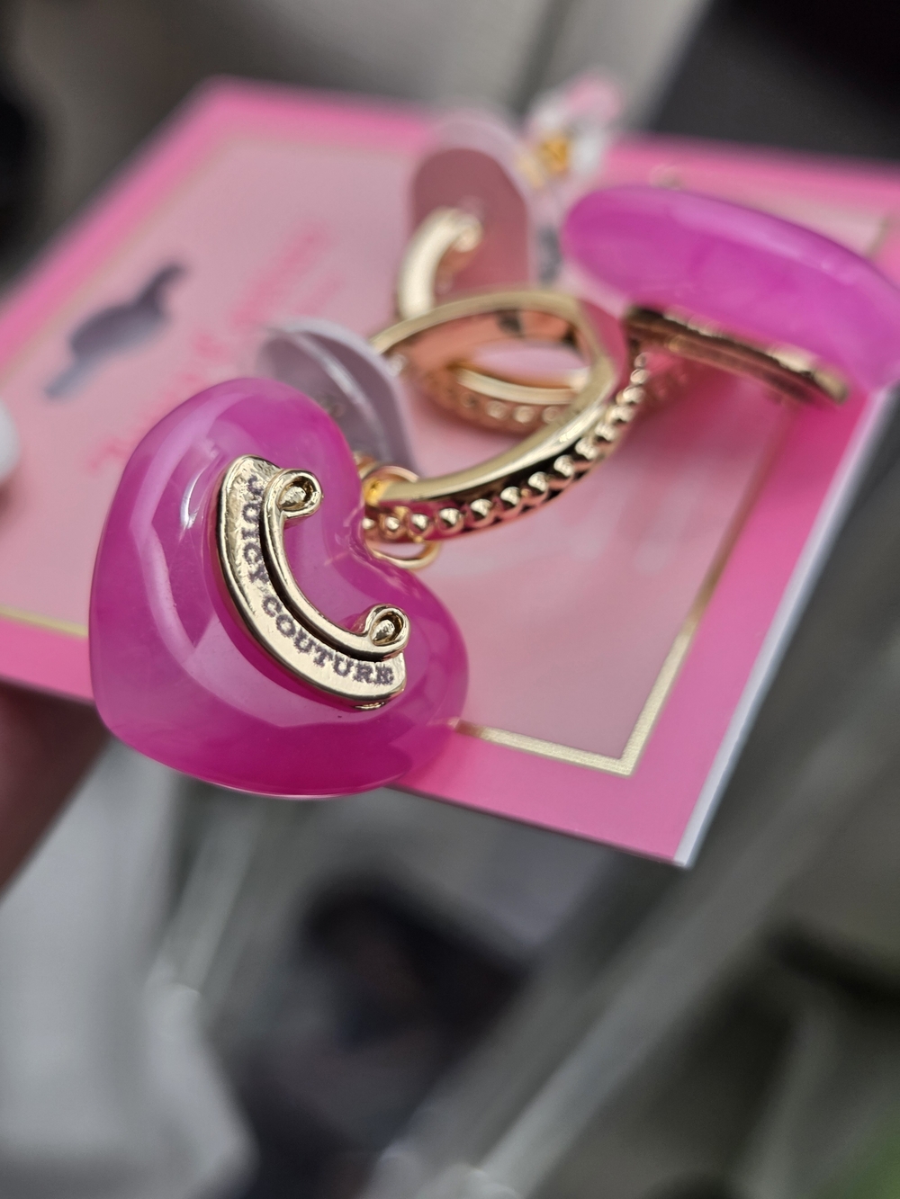 Juicy Couture Hot Pink Heart Hoop Earrings with Gold-Tone Details - Picture 3 of 4